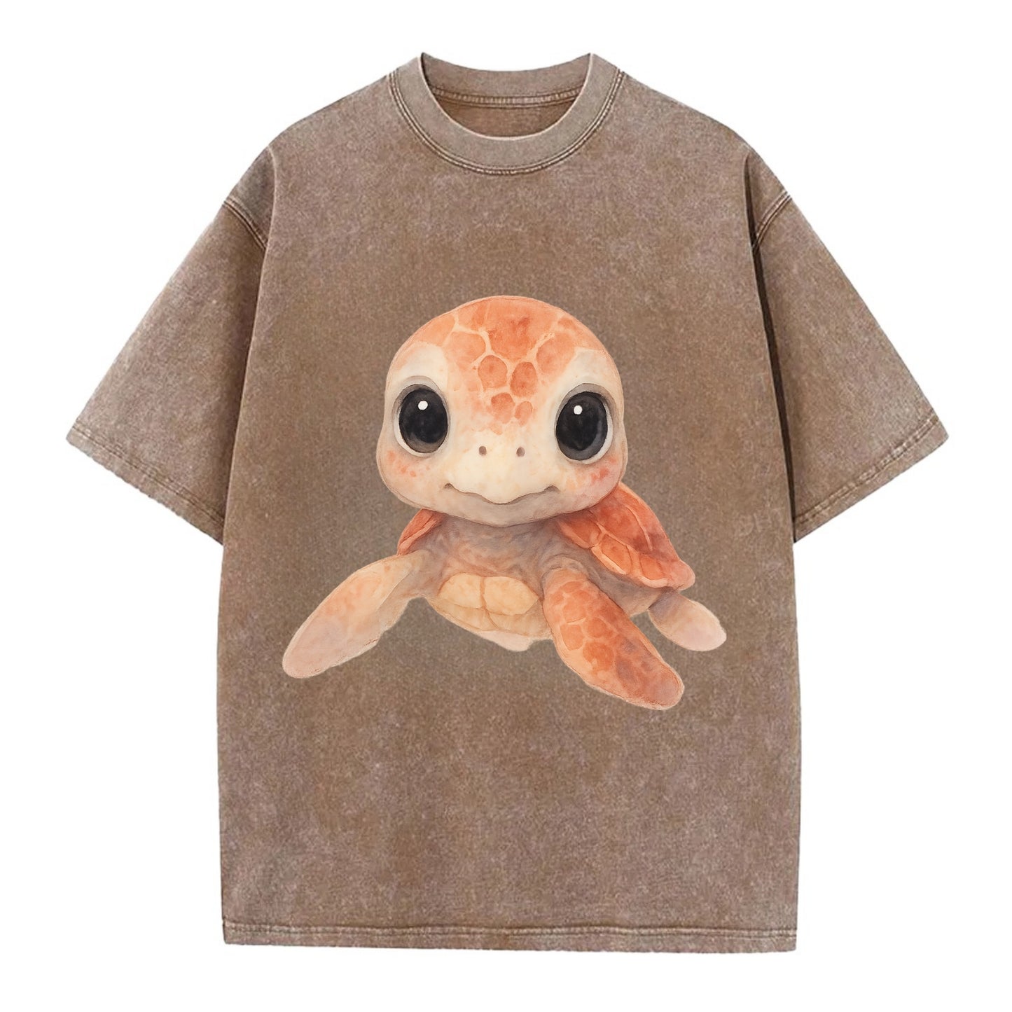 Baby Loggerhead Turtle - reddish-brown shell, big round dark eyes, chunky head, - Vintage T-shirt - Brown