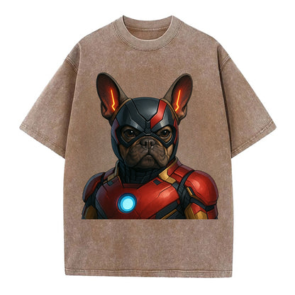 French Bulldog Iron Man  - Vintage T-shirt - Brown