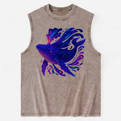 Majestic whale with body composed of galaxy clusters, stellar fins flowing - Vintage Washed Tank - Brown