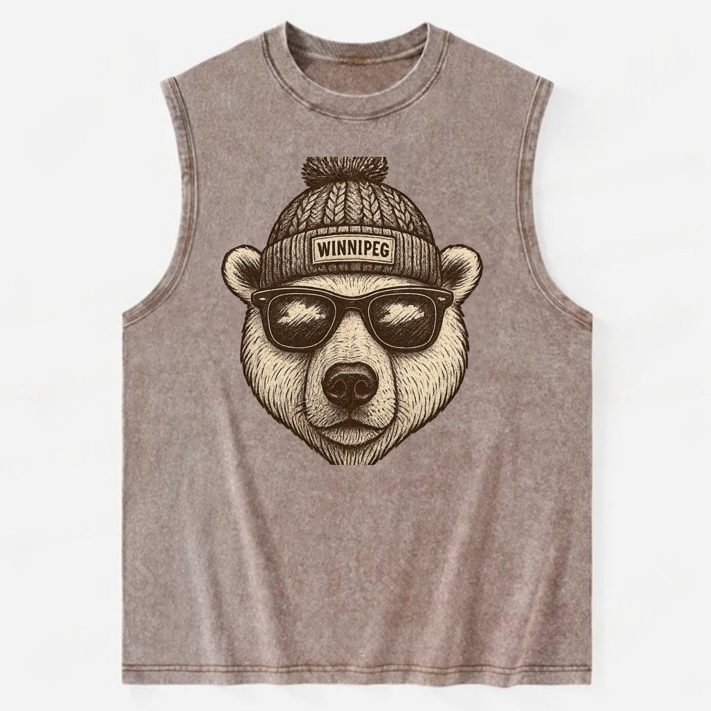 Winnipeg Polar Bear wearing Winnipeg beanie with pom pom and wayfarer - Vintage Washed Tank - Brown