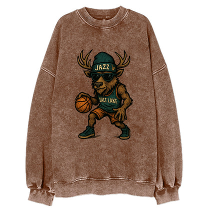 Salt Lake Elk wearing Jazz beanie with saxophone patch and wayfarer sunglasses - Vintage Sweatshirt - Brown