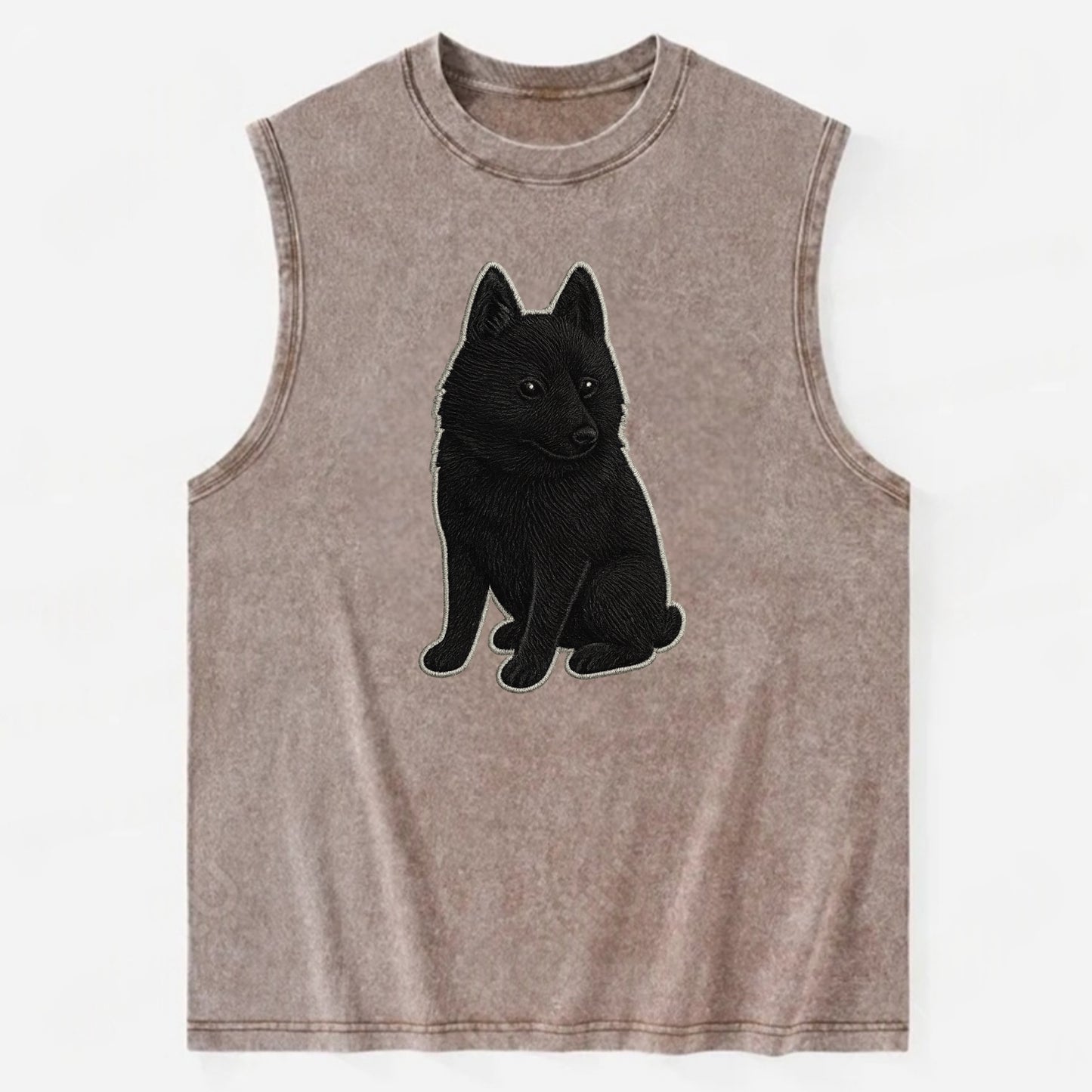 Schipperke - Solid black small embroidered sitting pose - Vintage Washed Tank - Brown