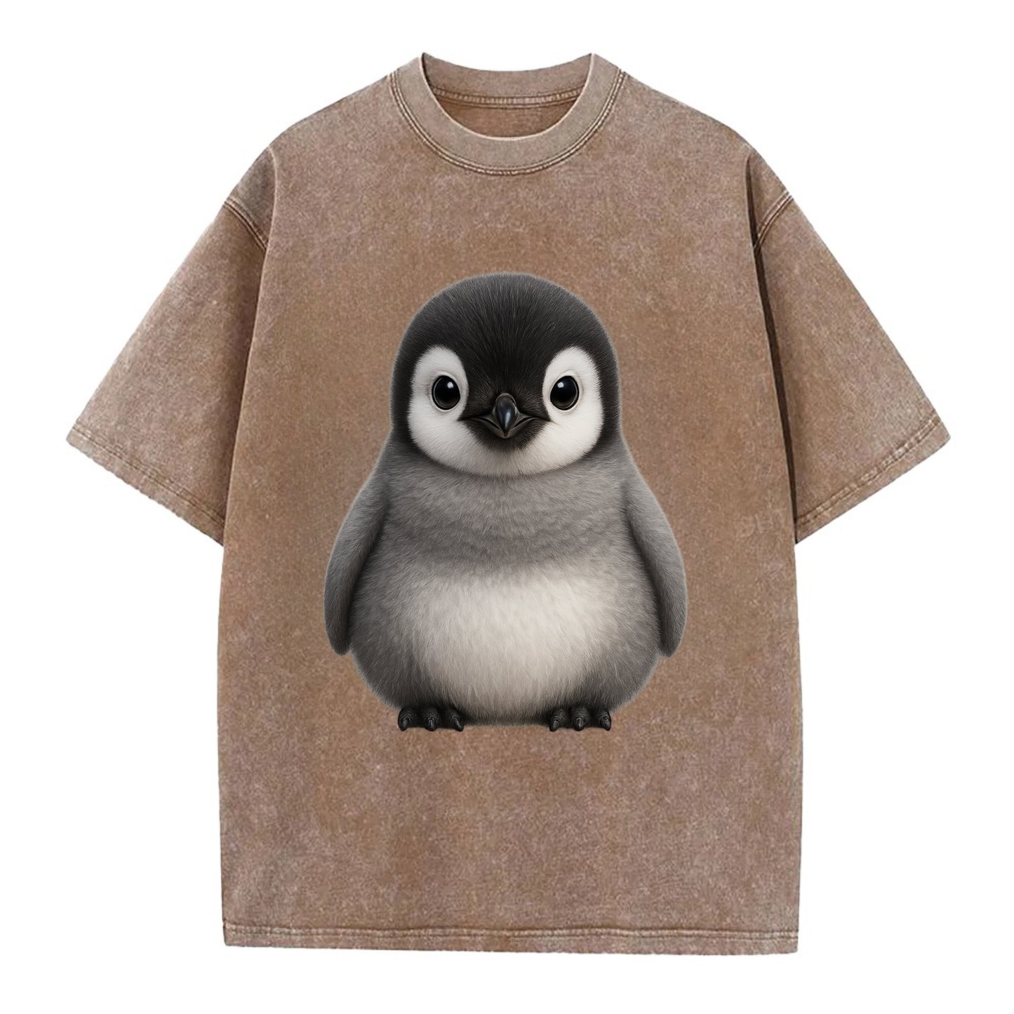 Baby Adelie Penguin - black and white, round body, curious eyes, front-facing, - Vintage T-shirt - Brown