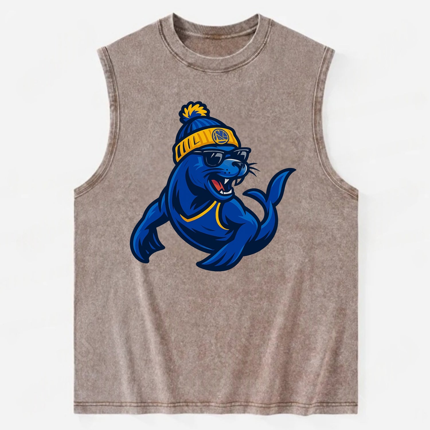 Bay Area Sea Lion wearing Warriors blue and gold beanie with Golden Gate and - Vintage Washed Tank - Brown