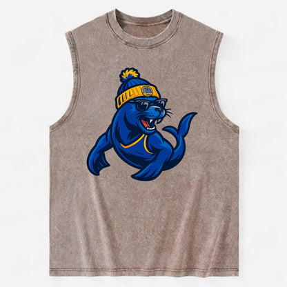 Bay Area Sea Lion wearing Warriors blue and gold beanie with Golden Gate and - Vintage Washed Tank - Brown
