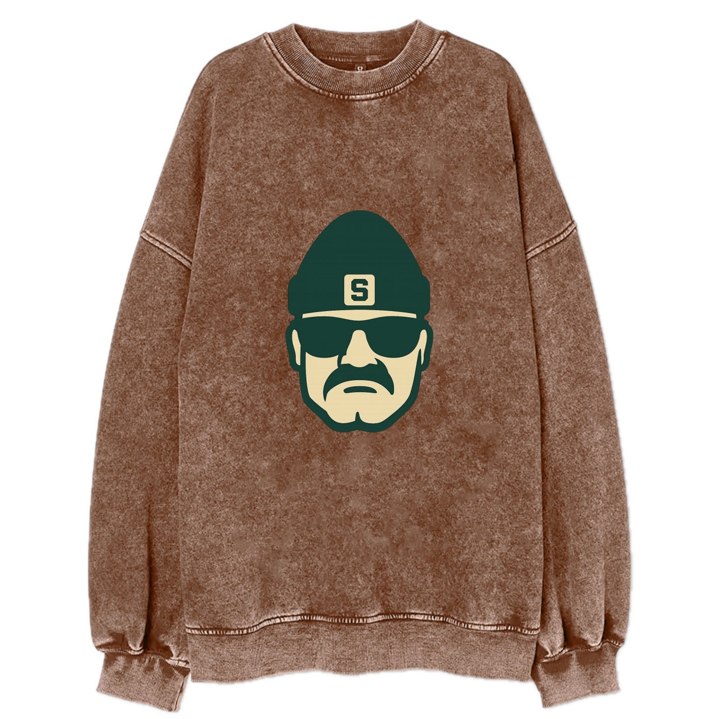 East Lansing Spartan wearing Michigan State beanie with S patch - Vintage Sweatshirt - Brown