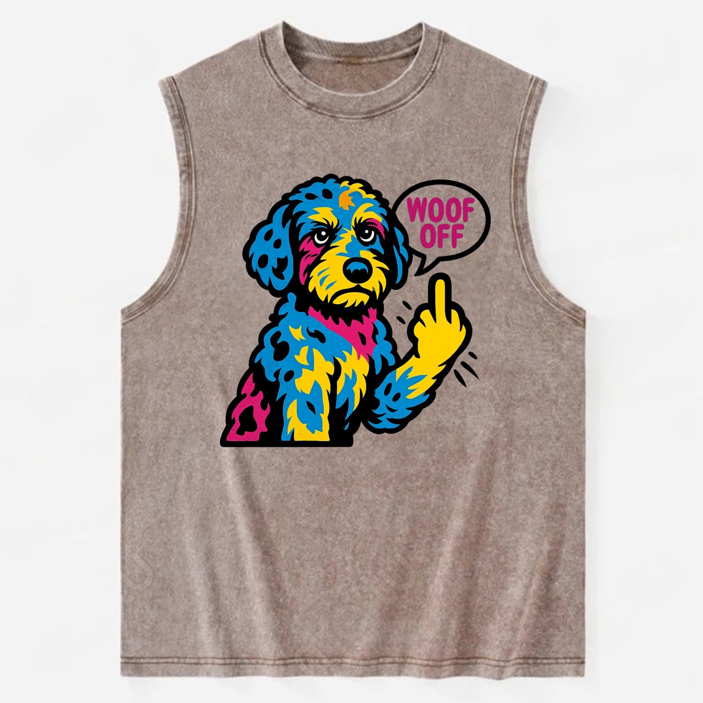Aussiedoodle with merle patches and curly coat, playful smart paw raised - Vintage Washed Tank - Brown