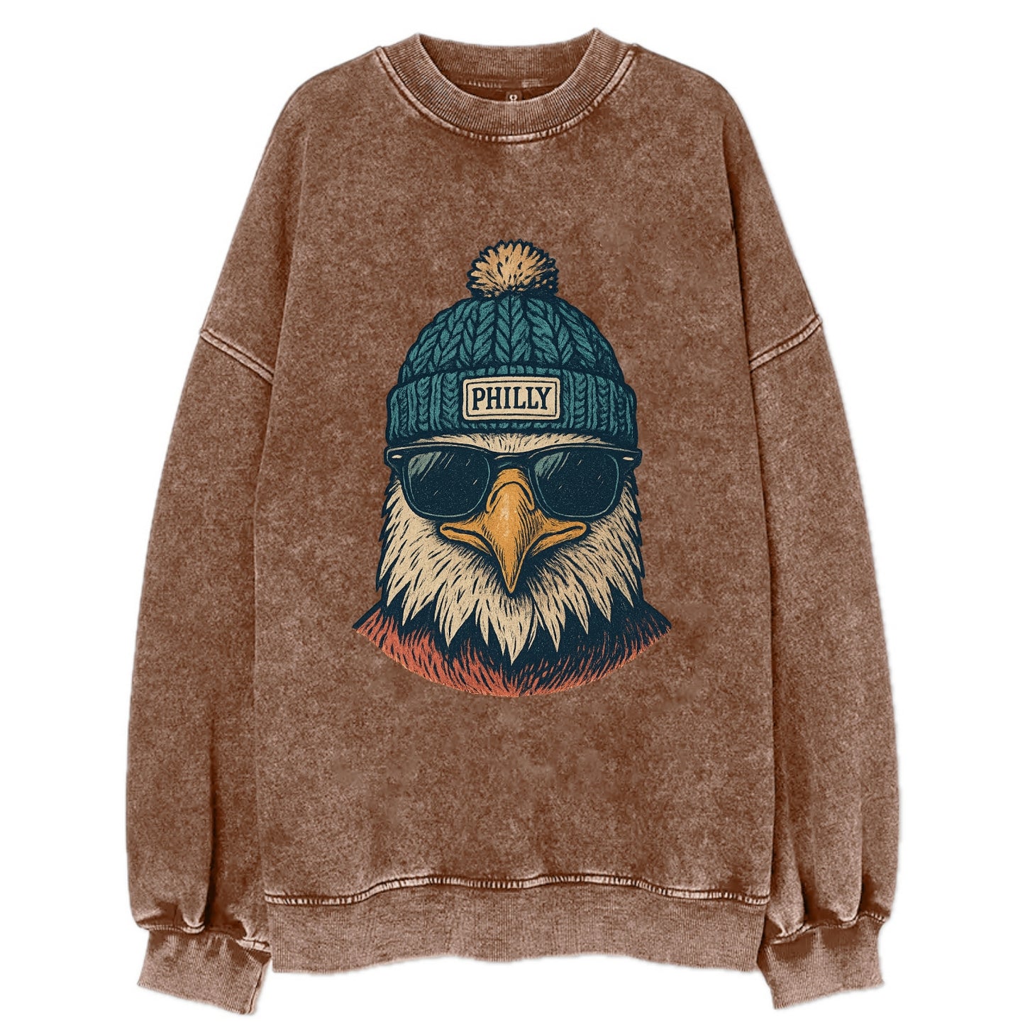 Philadelphia Eagle wearing Philly beanie with pom pom and wayfarer sunglasses - Vintage Sweatshirt - Brown
