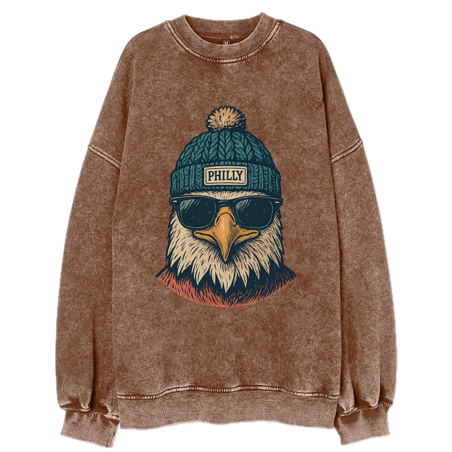 Philadelphia Eagle wearing Philly beanie with pom pom and wayfarer sunglasses - Vintage Sweatshirt - Brown