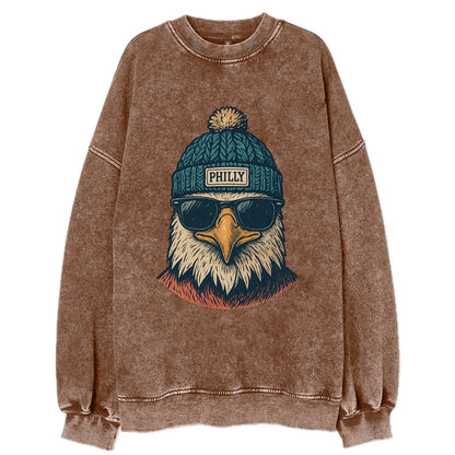 Philadelphia Eagle wearing Philly beanie with pom pom and wayfarer sunglasses - Vintage Sweatshirt - Brown