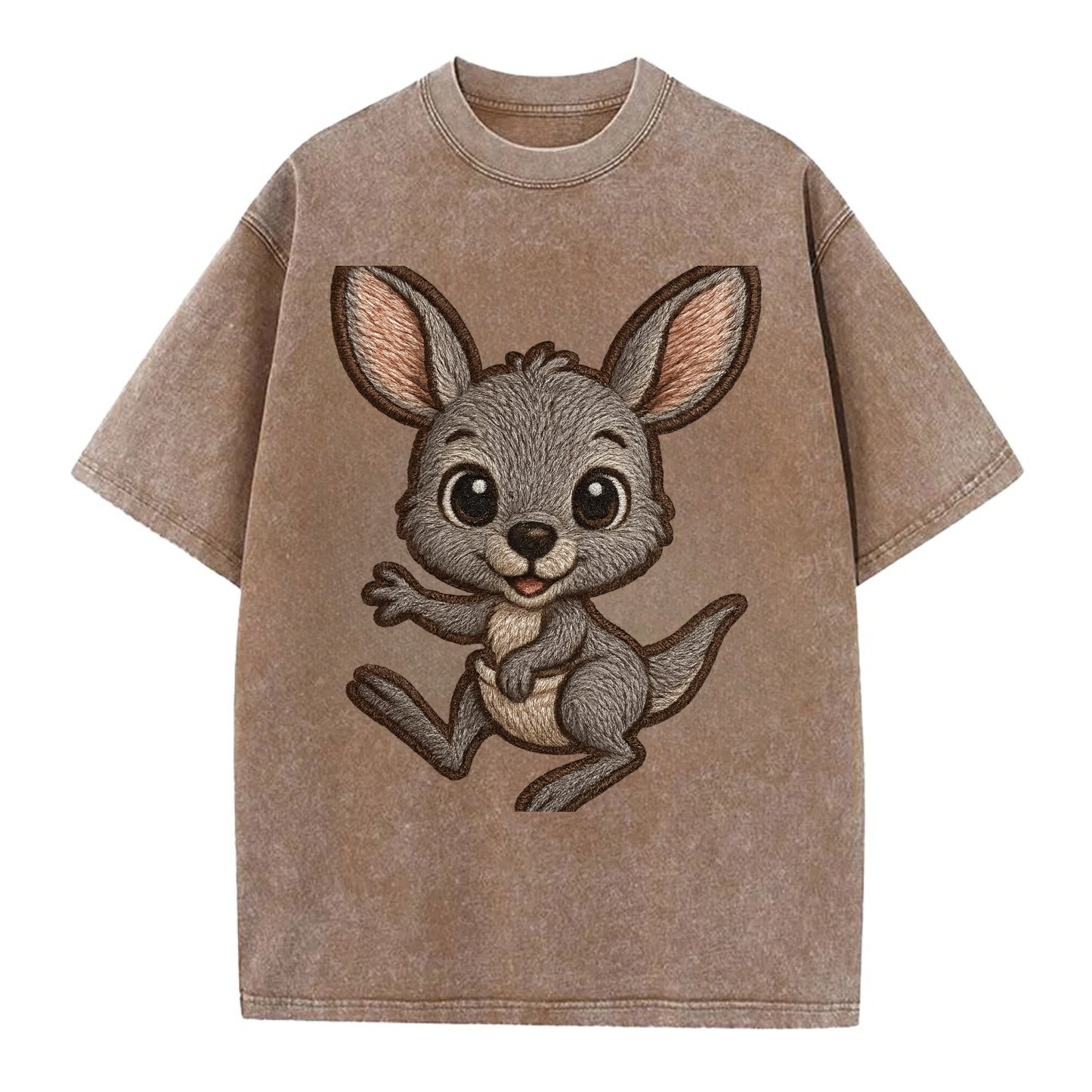 Baby Kangaroo Joey - gray fur, large ears, in pouch peek, bright eyes, - Vintage T-shirt - Brown