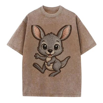 Baby Kangaroo Joey - gray fur, large ears, in pouch peek, bright eyes, - Vintage T-shirt - Brown