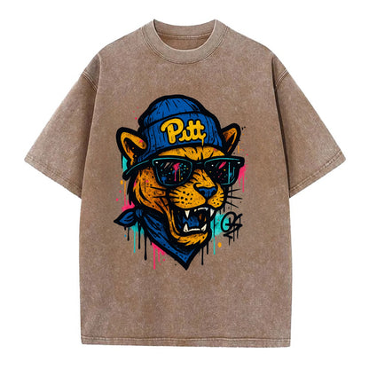 Pittsburgh Panther wearing Pitt beanie with script patch - Vintage T-shirt - Brown