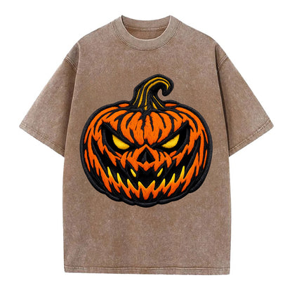 HALLOWEEN PUMPKIN - jack o lantern in orange and black , spooky - Vintage T-shirt - Brown