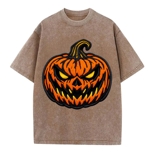 HALLOWEEN PUMPKIN - jack o lantern in orange and black , spooky - Vintage T-shirt - Brown