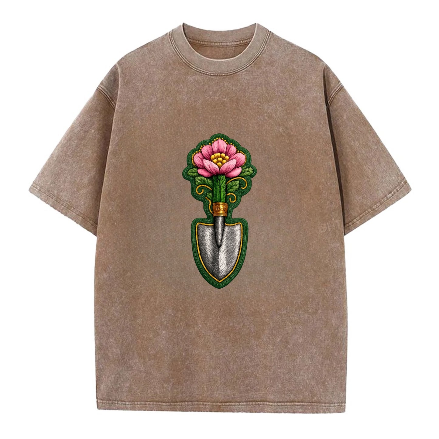 Embroidered patch design - GARDENING TROWEL FLOWER - garden tool with blooming - Vintage T-shirt - Brown