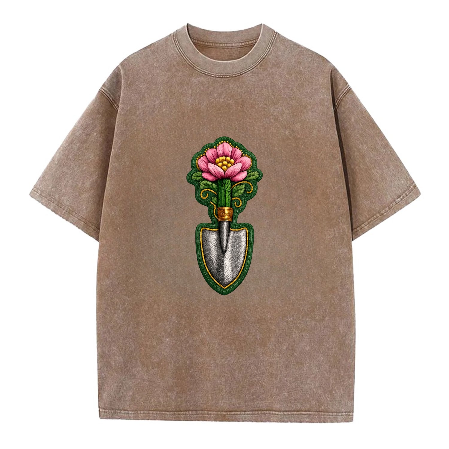 Embroidered patch design - GARDENING TROWEL FLOWER - garden tool with blooming - Vintage T-shirt - Brown