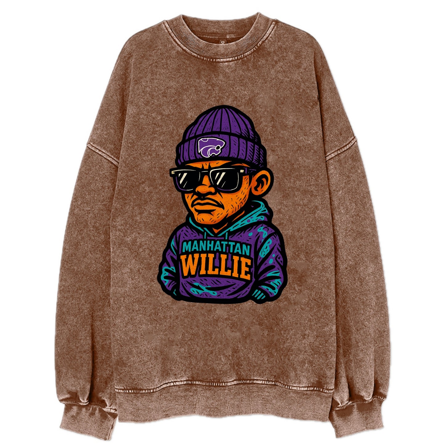 Manhattan Willie wearing Kansas State beanie with powercat patch - Vintage Sweatshirt - Brown