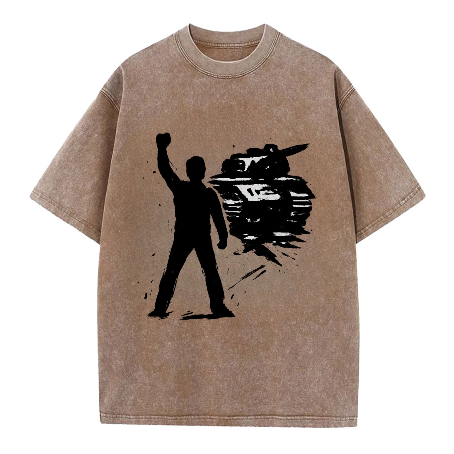 Single figure standing against tank - courage and resistance ink art - Vintage T-shirt - Brown