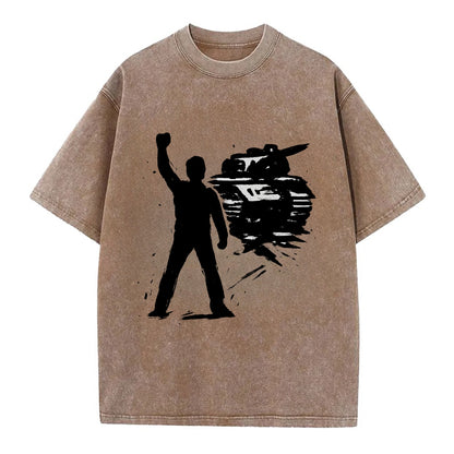Single figure standing against tank - courage and resistance ink art - Vintage T-shirt - Brown