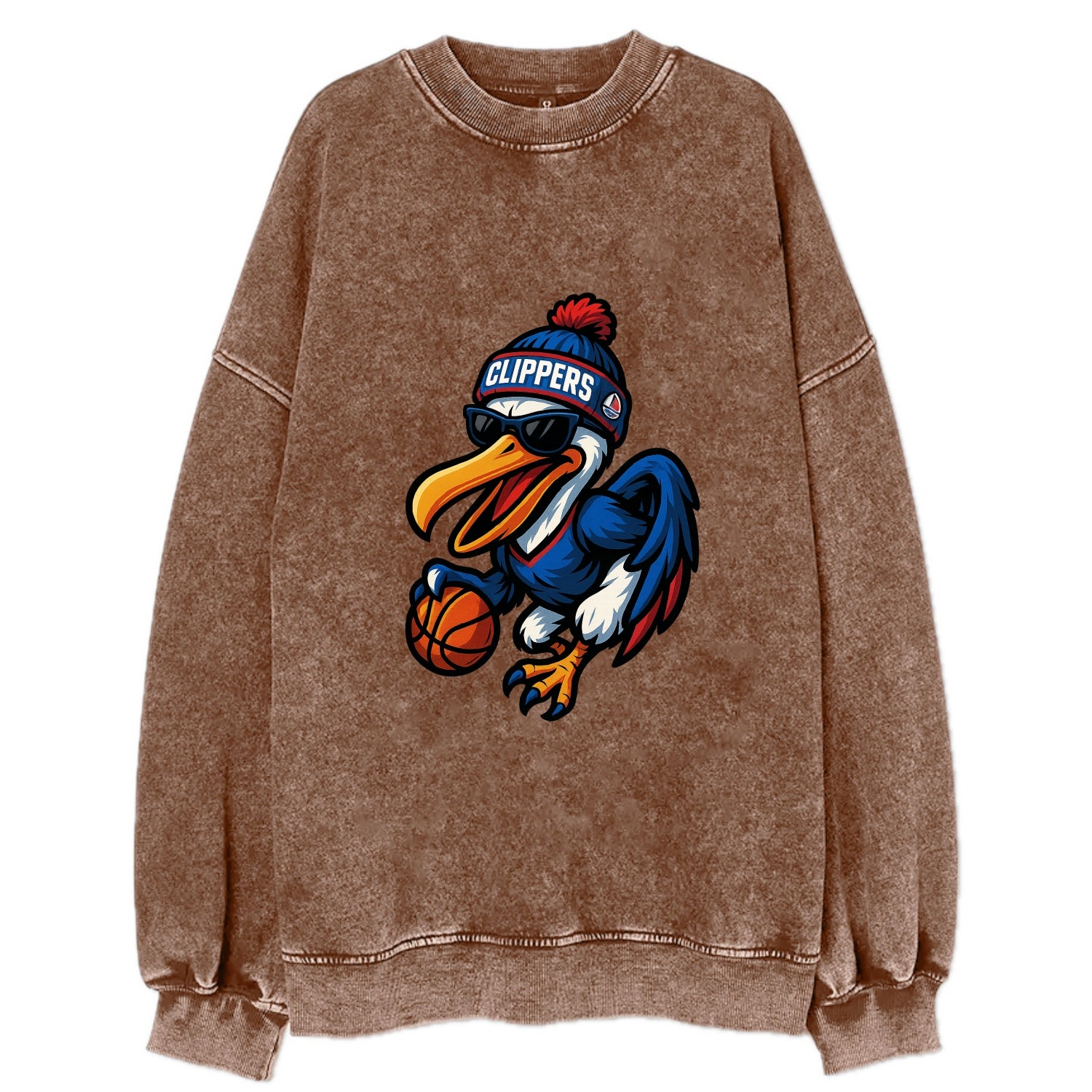 Los Angeles Pelican wearing Clippers beanie with sailboat patch and wayfarer - Vintage Sweatshirt - Brown