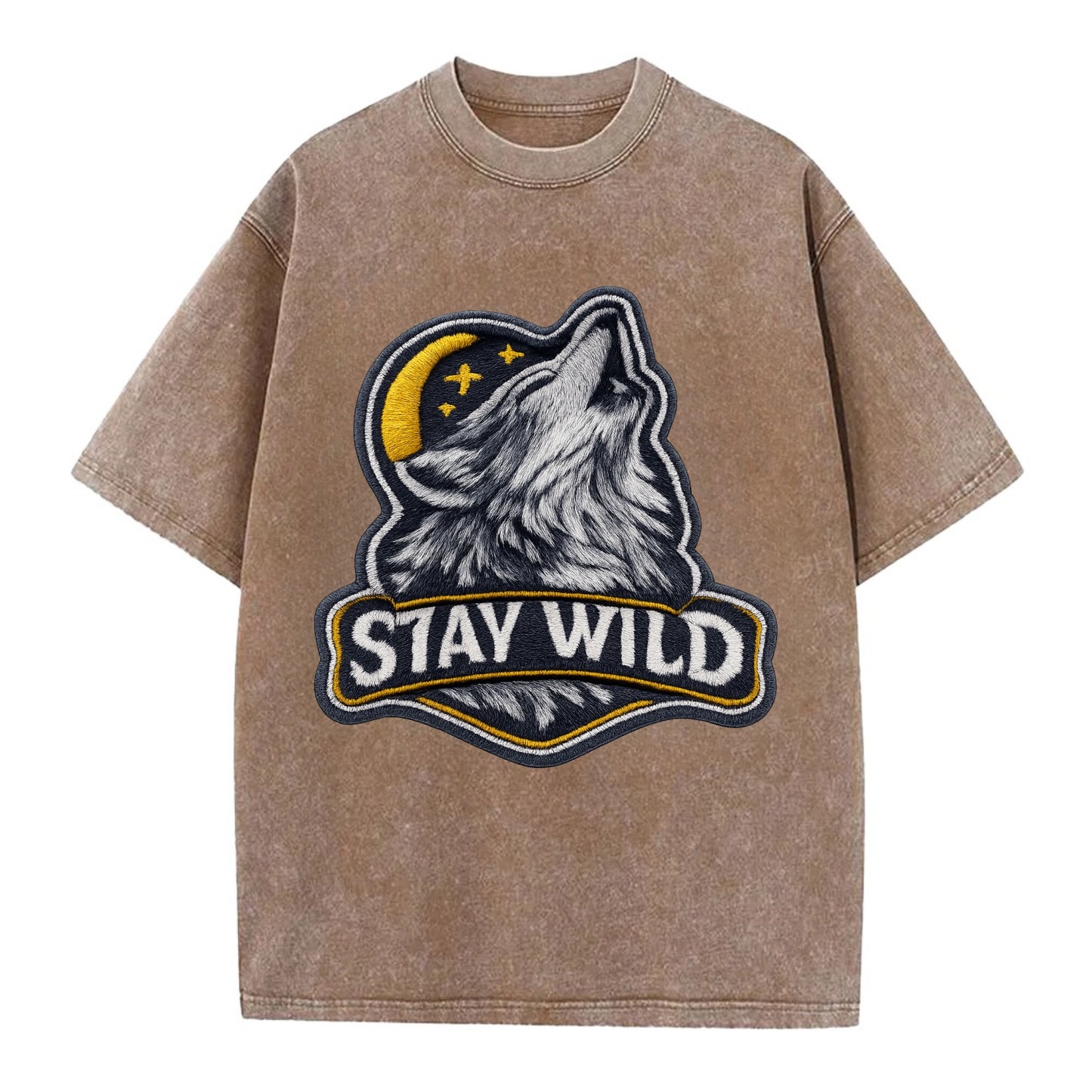 STAY WILD - wolf with text in gray , free spirit - Vintage T-shirt - Brown