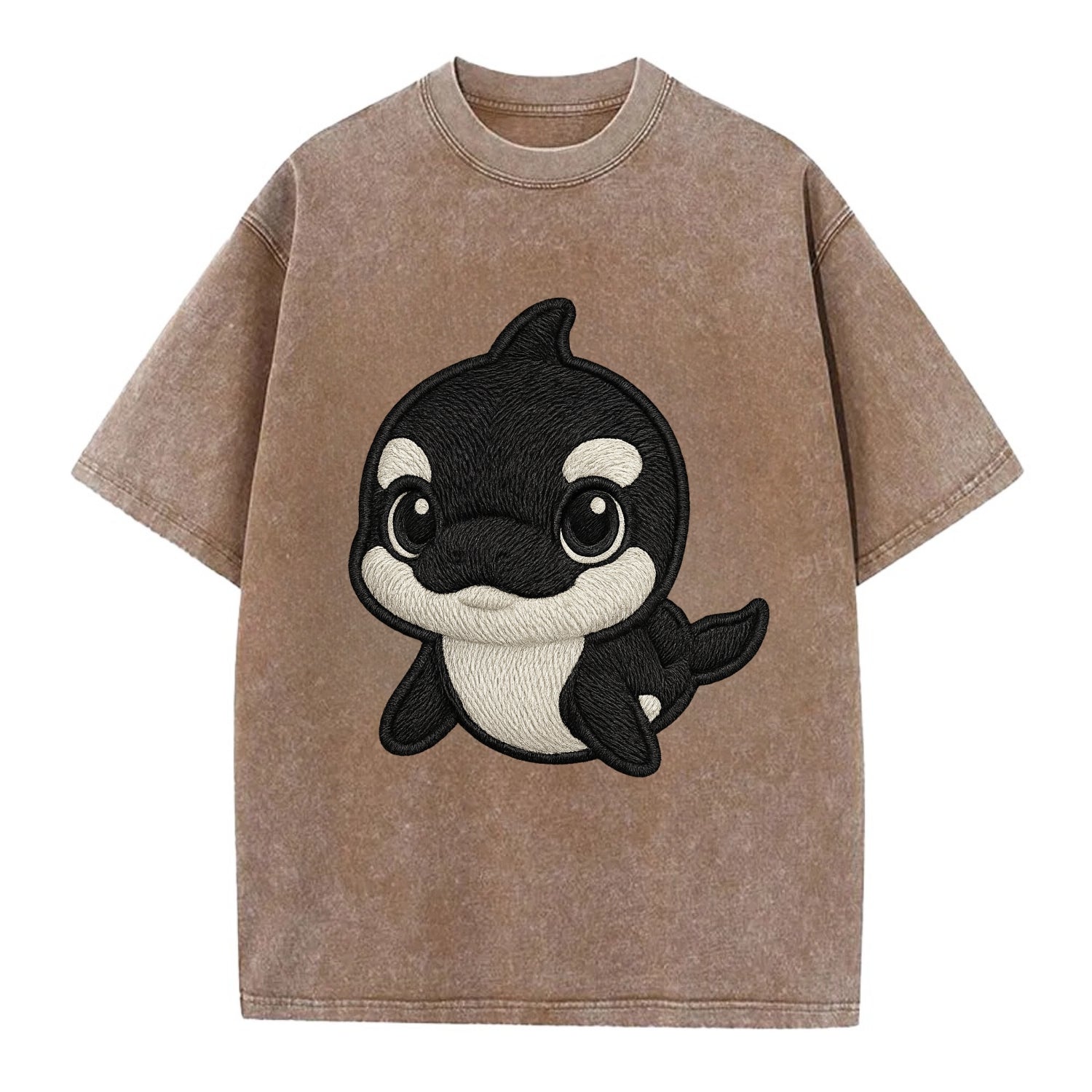 Baby Orca - black and white pattern, white eye patch, front-facing, curious and - Vintage T-shirt - Brown