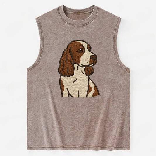 English Cocker Spaniel - Liver and white embroidered design - Vintage Washed Tank - Brown