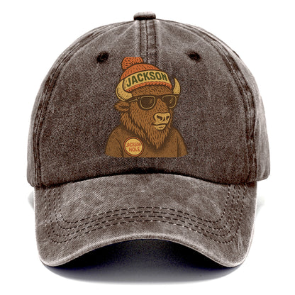 Jackson Hole Bison wearing Jackson beanie with pom pom and wayfarer sunglasses - Classic Cap - Brown