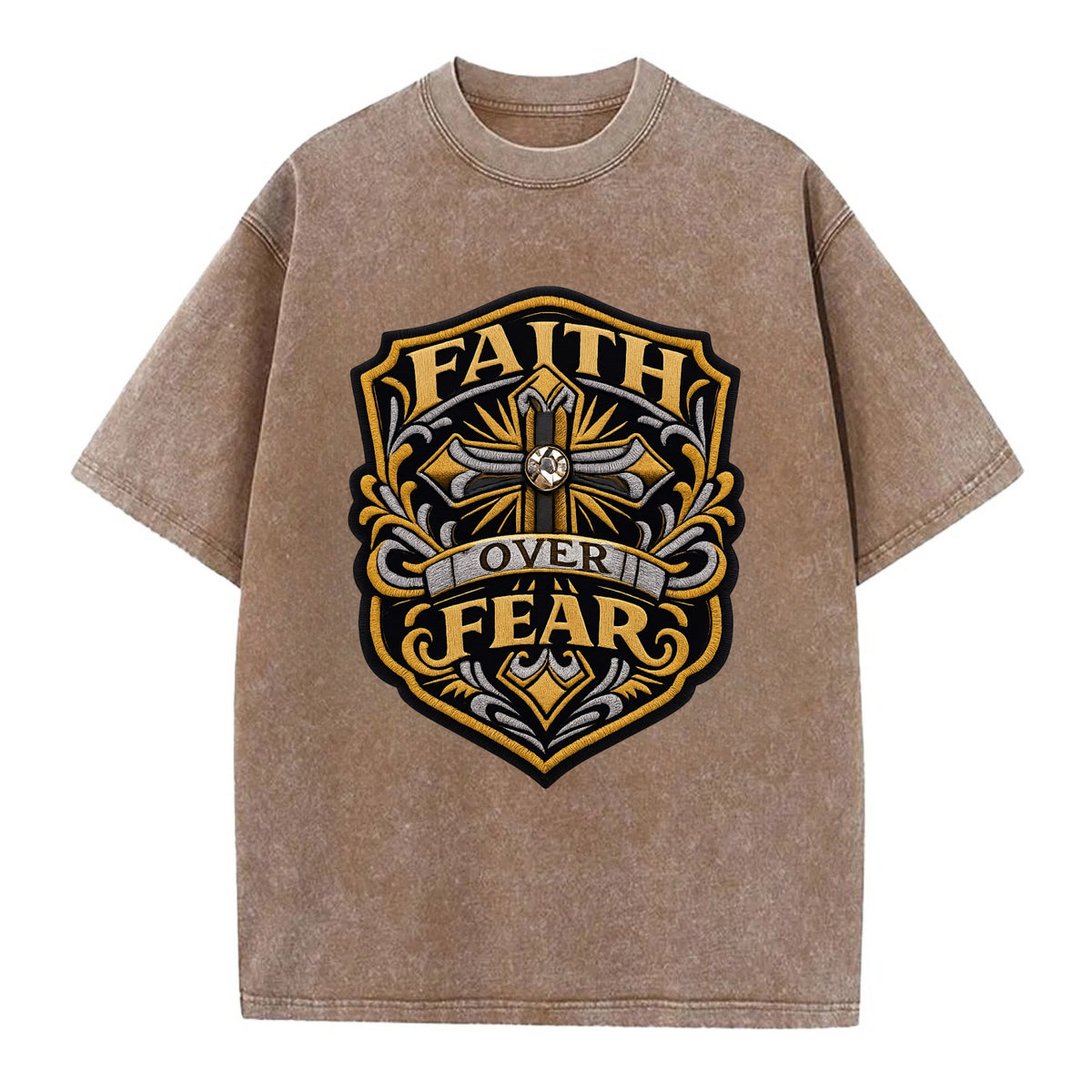 FAITH OVER FEAR - cross with text in gold , spiritual strength - Vintage T-shirt - Brown