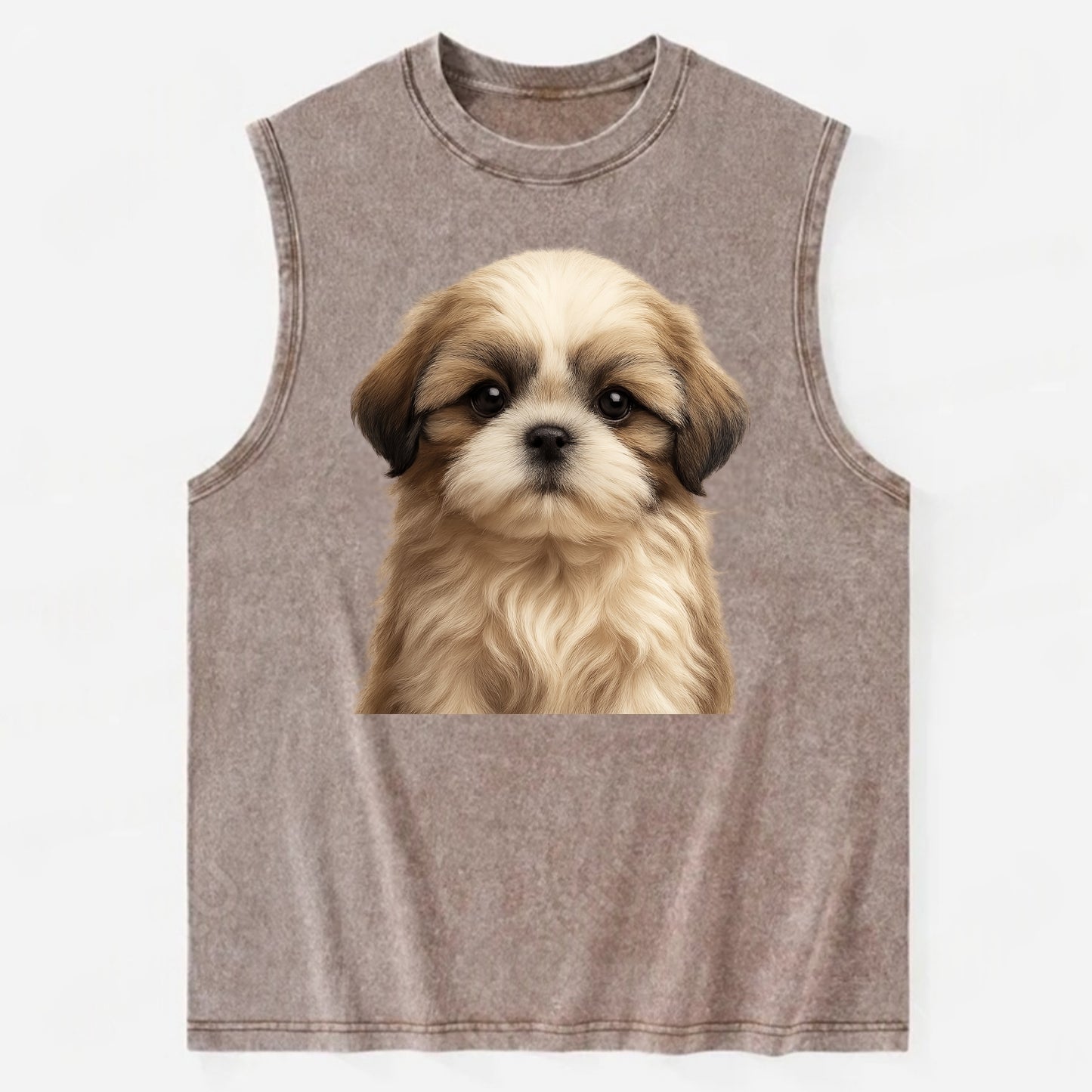 Baby Shih Tzu Puppy - long flowing coat, flat face, big dark eyes, - Vintage Washed Tank - Brown