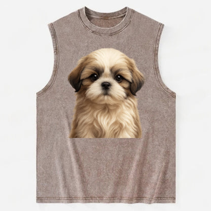 Baby Shih Tzu Puppy - long flowing coat, flat face, big dark eyes, - Vintage Washed Tank - Brown