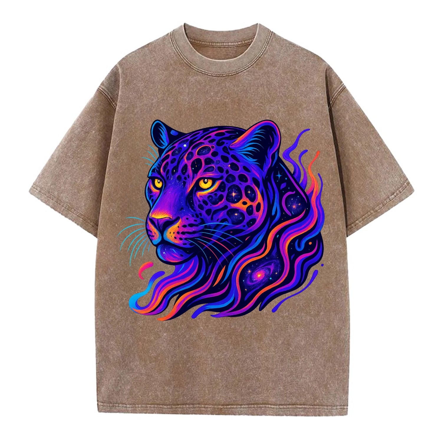 Powerful jaguar with rosettes containing miniature galaxies, cosmic purple and - Vintage T-shirt - Brown