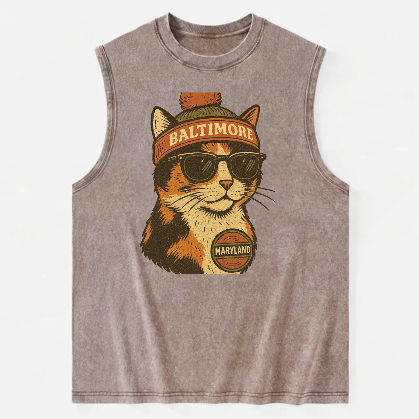 Maryland Calico Cat wearing Baltimore beanie with pom pom and wayfarer - Vintage Washed Tank - Brown