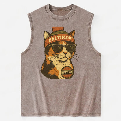 Maryland Calico Cat wearing Baltimore beanie with pom pom and wayfarer - Vintage Washed Tank - Brown