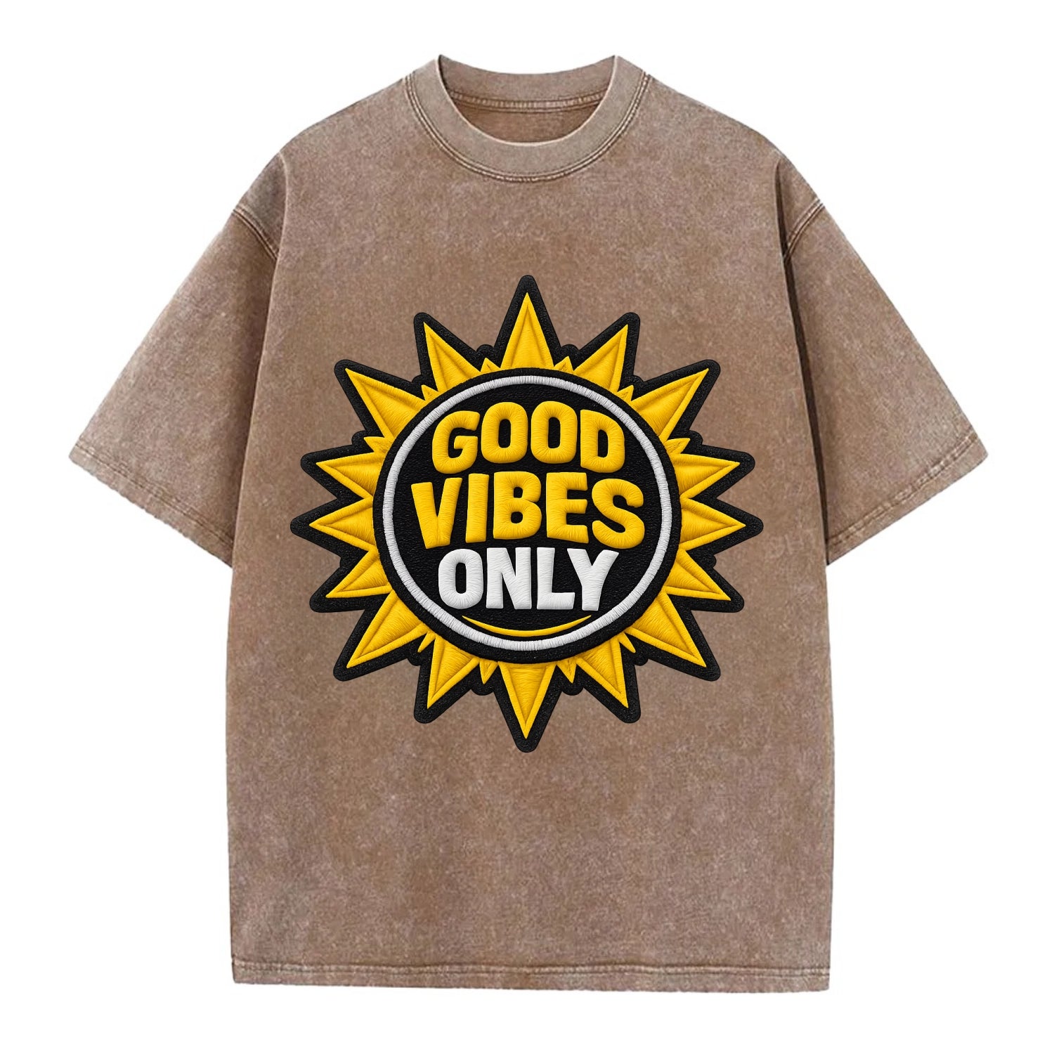 GOOD VIBES ONLY - sun with text in yellow , positive energy - Vintage T-shirt - Brown