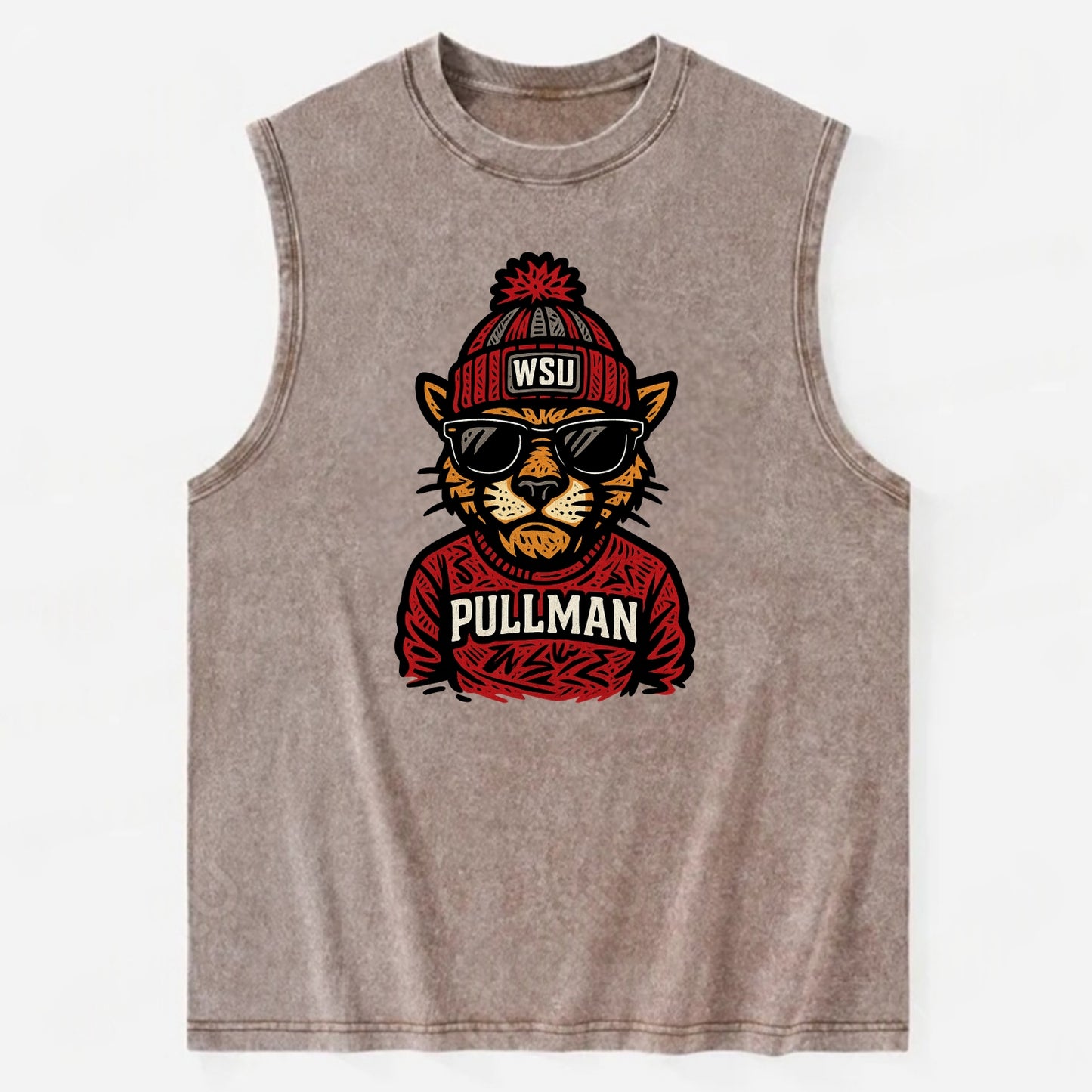 Pullman Cougar wearing Washington State beanie with WSU patch - Vintage Washed Tank - Brown