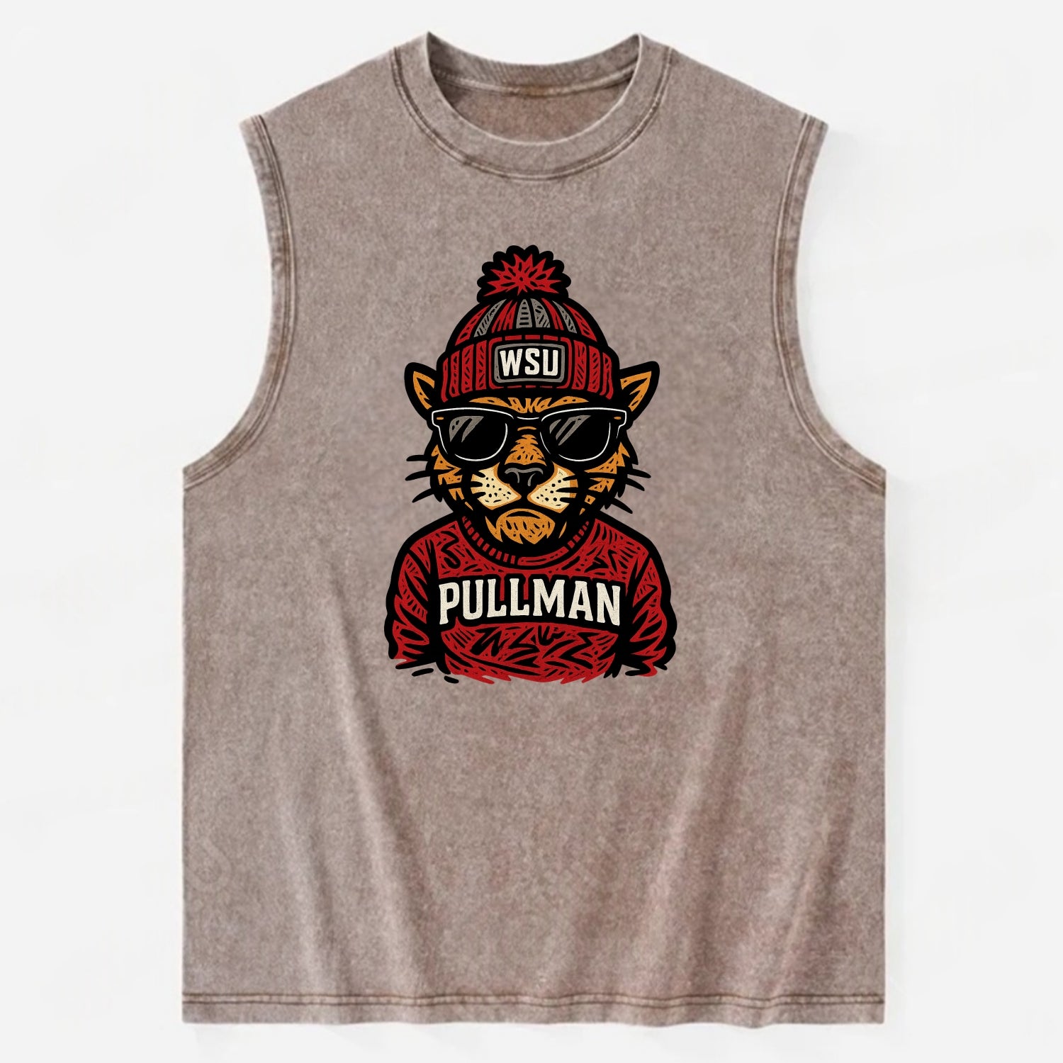 Pullman Cougar wearing Washington State beanie with WSU patch - Vintage Washed Tank - Brown