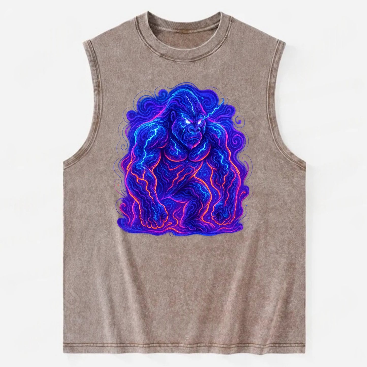 Mighty gorilla with electricity flowing through defined muscles, lightning - Vintage Washed Tank - Brown