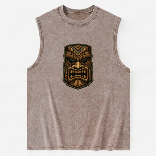 TIKI MASK - carved totem in brown and red , Polynesian - Vintage Washed Tank - Brown