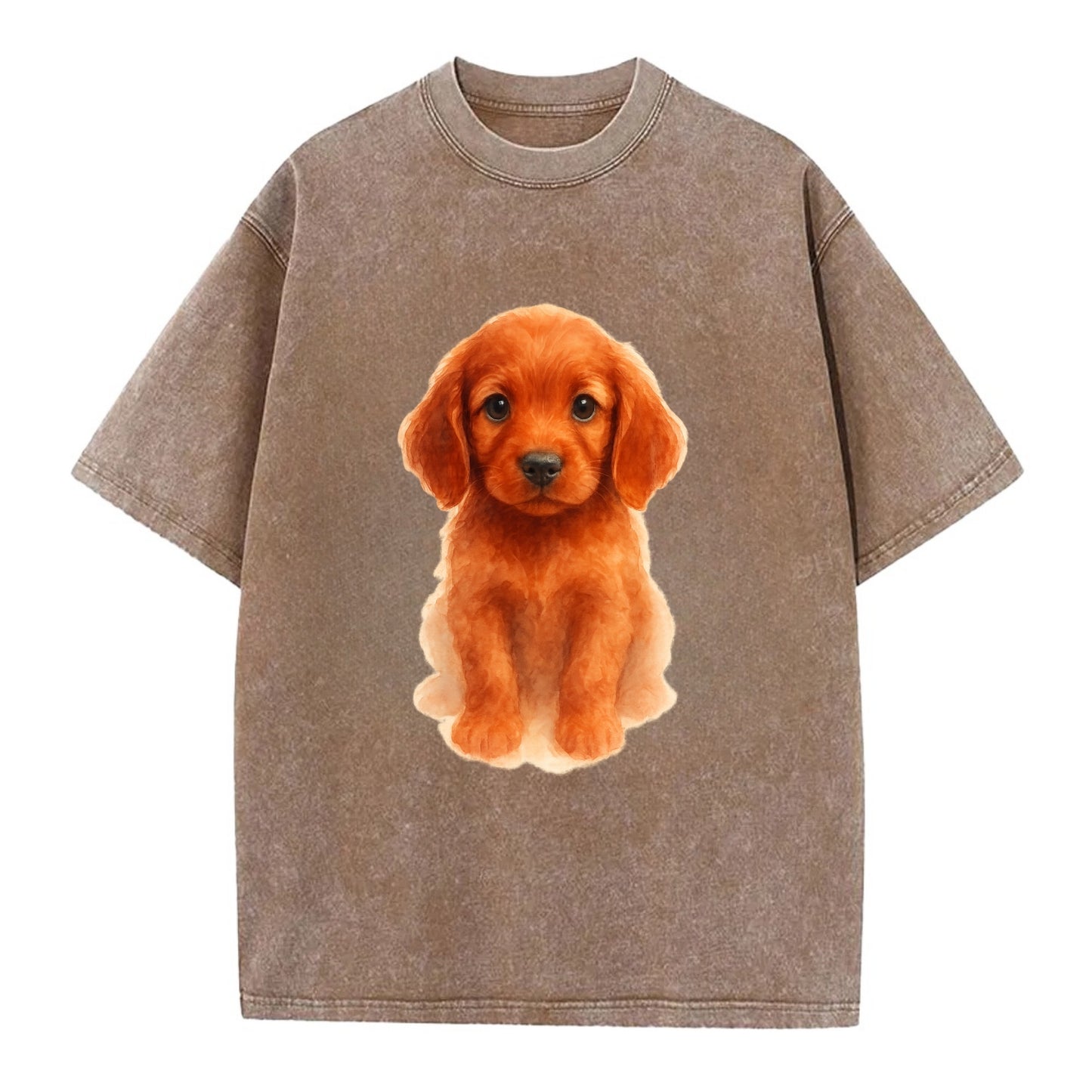 Baby Irish Setter Puppy - mahogany red coat, feathered ears, friendly eyes, - Vintage T-shirt - Brown