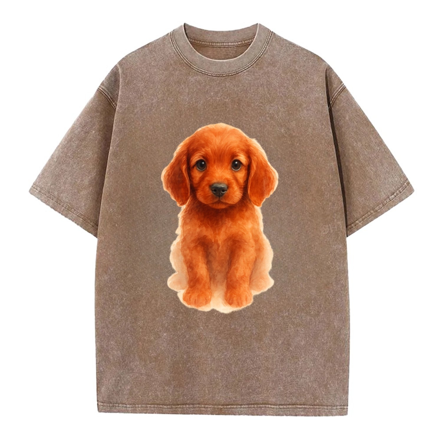 Baby Irish Setter Puppy - mahogany red coat, feathered ears, friendly eyes, - Vintage T-shirt - Brown