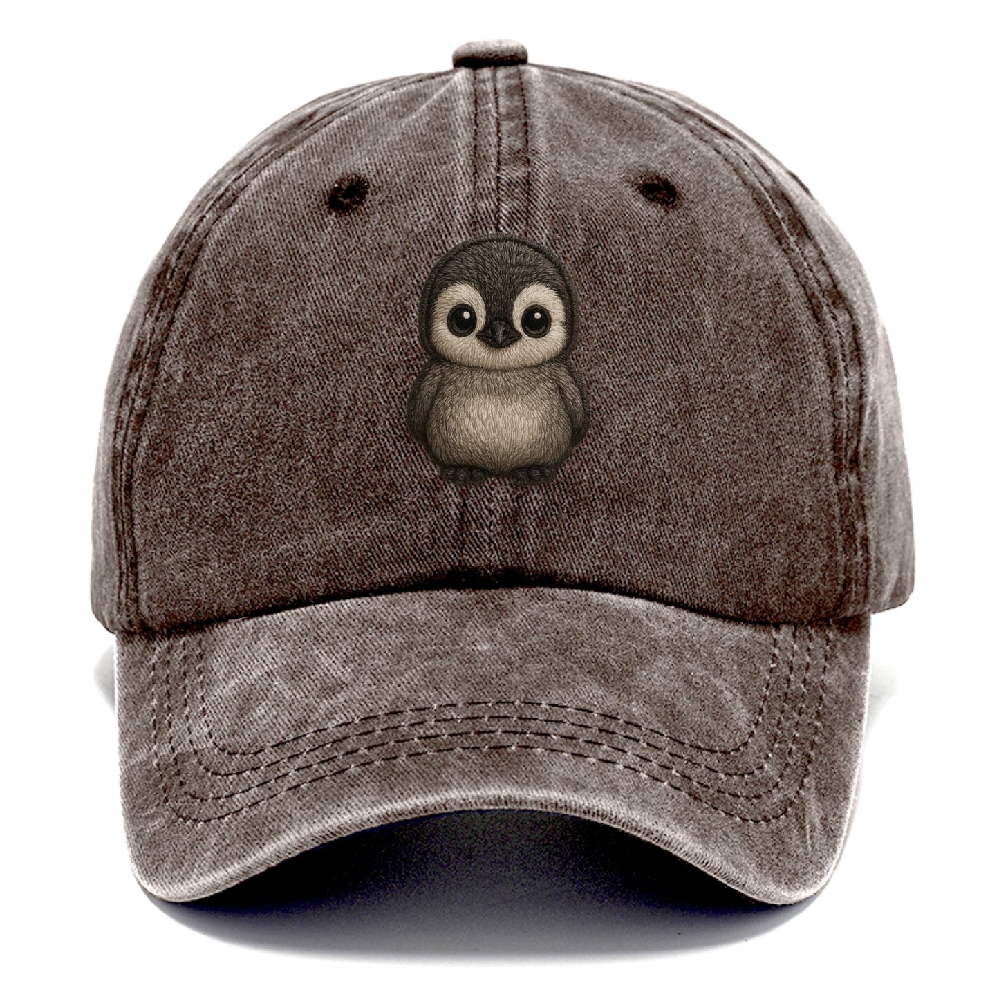 Baby Penguin Chick - gray fluffy, white face, round body, front-facing, tuxedo baby - Classic Cap - Brown