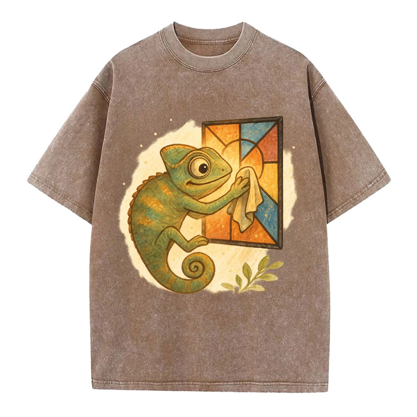 Chameleon blending into a stained-glass window it is polishing with delicate - Vintage T-shirt - Brown