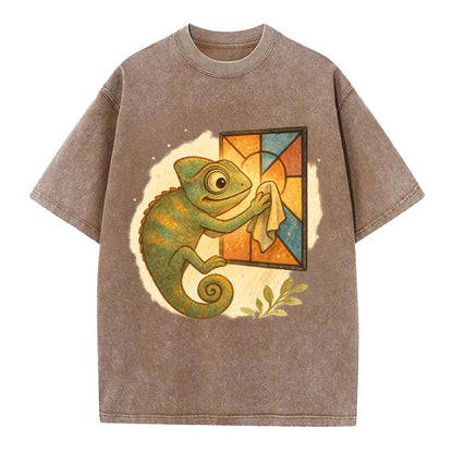 Chameleon blending into a stained-glass window it is polishing with delicate - Vintage T-shirt - Brown