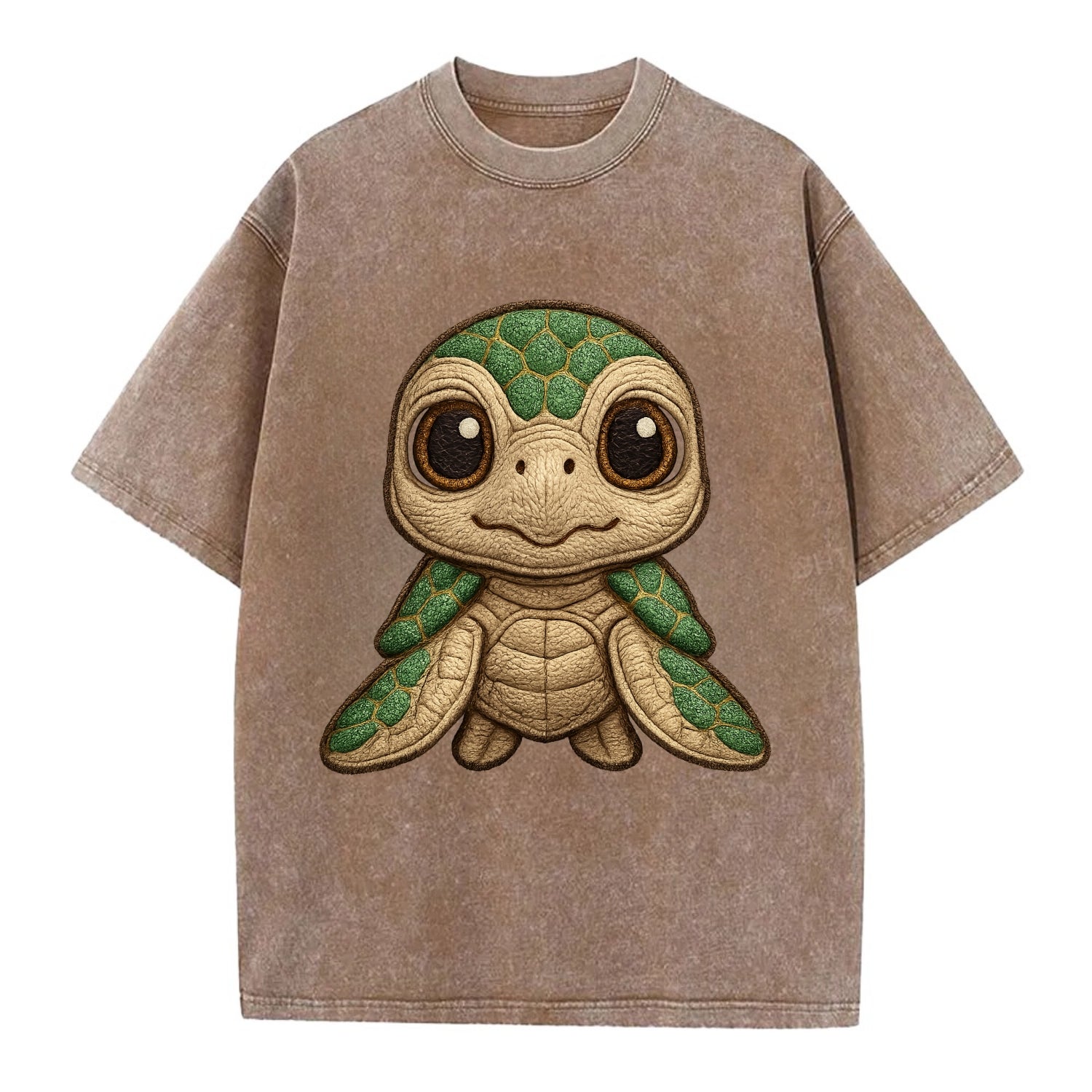 Baby Green Sea Turtle - emerald shell, large innocent brown eyes, tiny flippers, - Vintage T-shirt - Brown