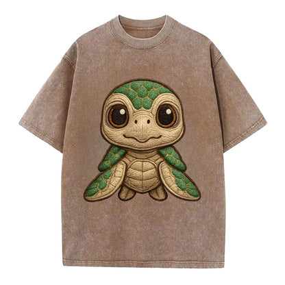 Baby Green Sea Turtle - emerald shell, large innocent brown eyes, tiny flippers, - Vintage T-shirt - Brown