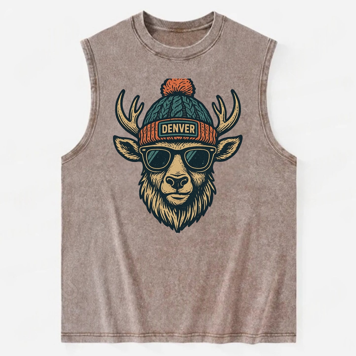 Denver Elk wearing Denver beanie with pom pom and wayfarer sunglasses - Vintage Washed Tank - Brown