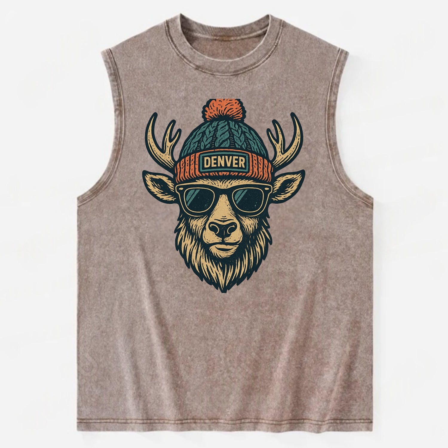 Denver Elk wearing Denver beanie with pom pom and wayfarer sunglasses - Vintage Washed Tank - Brown