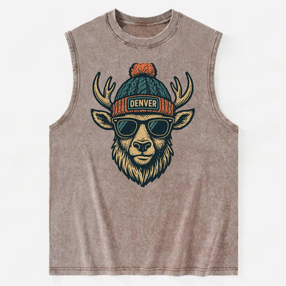 Denver Elk wearing Denver beanie with pom pom and wayfarer sunglasses - Vintage Washed Tank - Brown